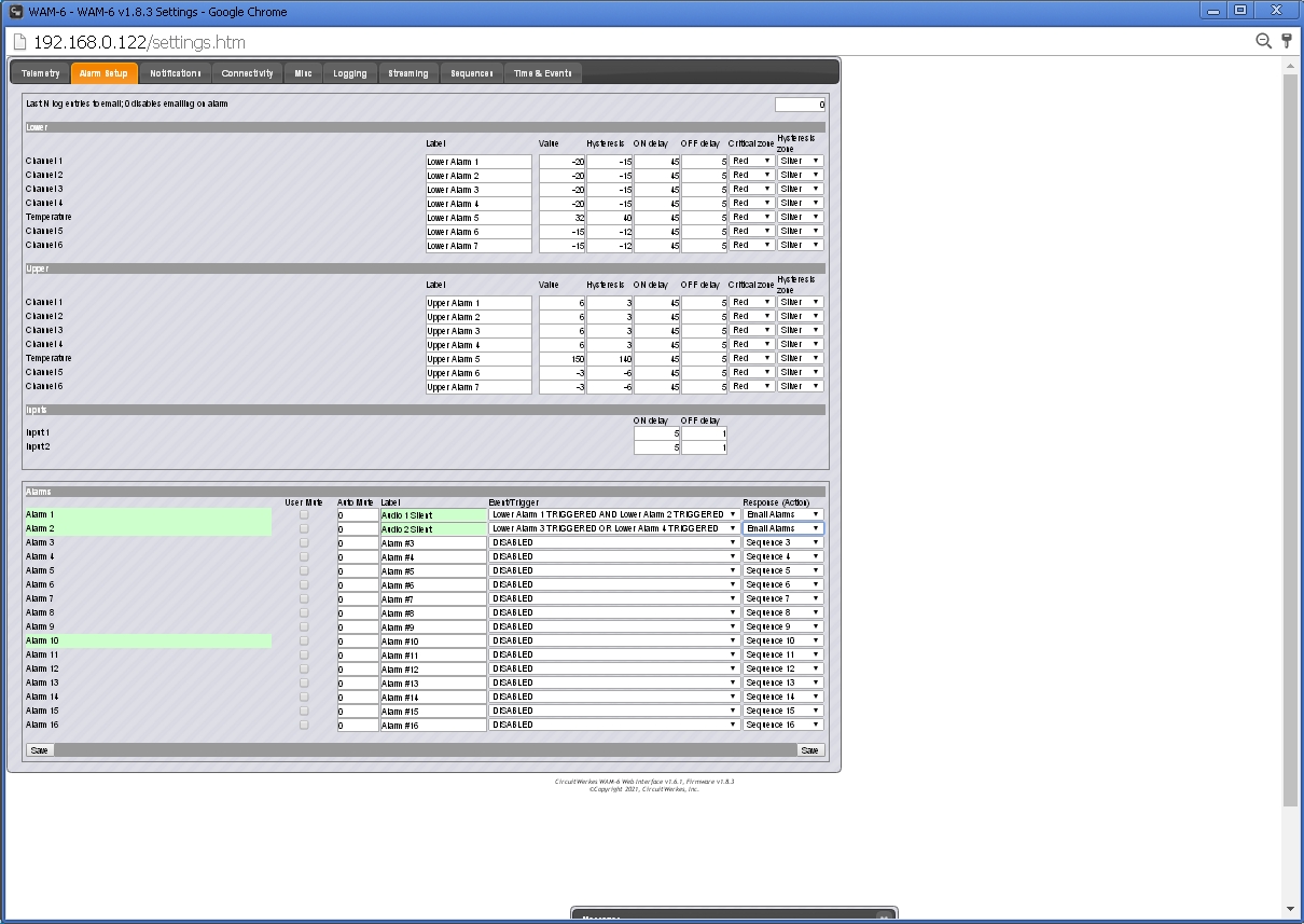 WAM-6 Alarm Setup Page